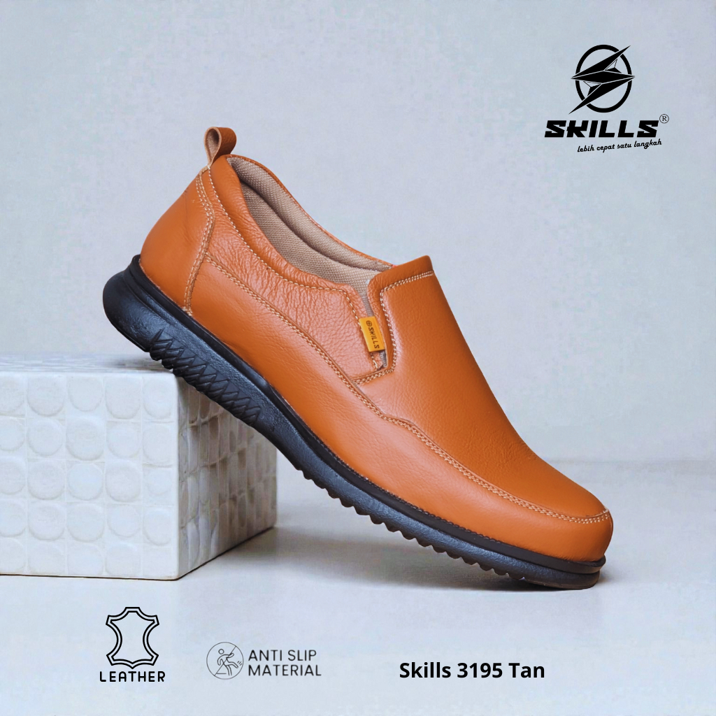 SKILLS - Sepatu Pantofel Slip On Kulit Pria Formal 3195 Coklat Muda