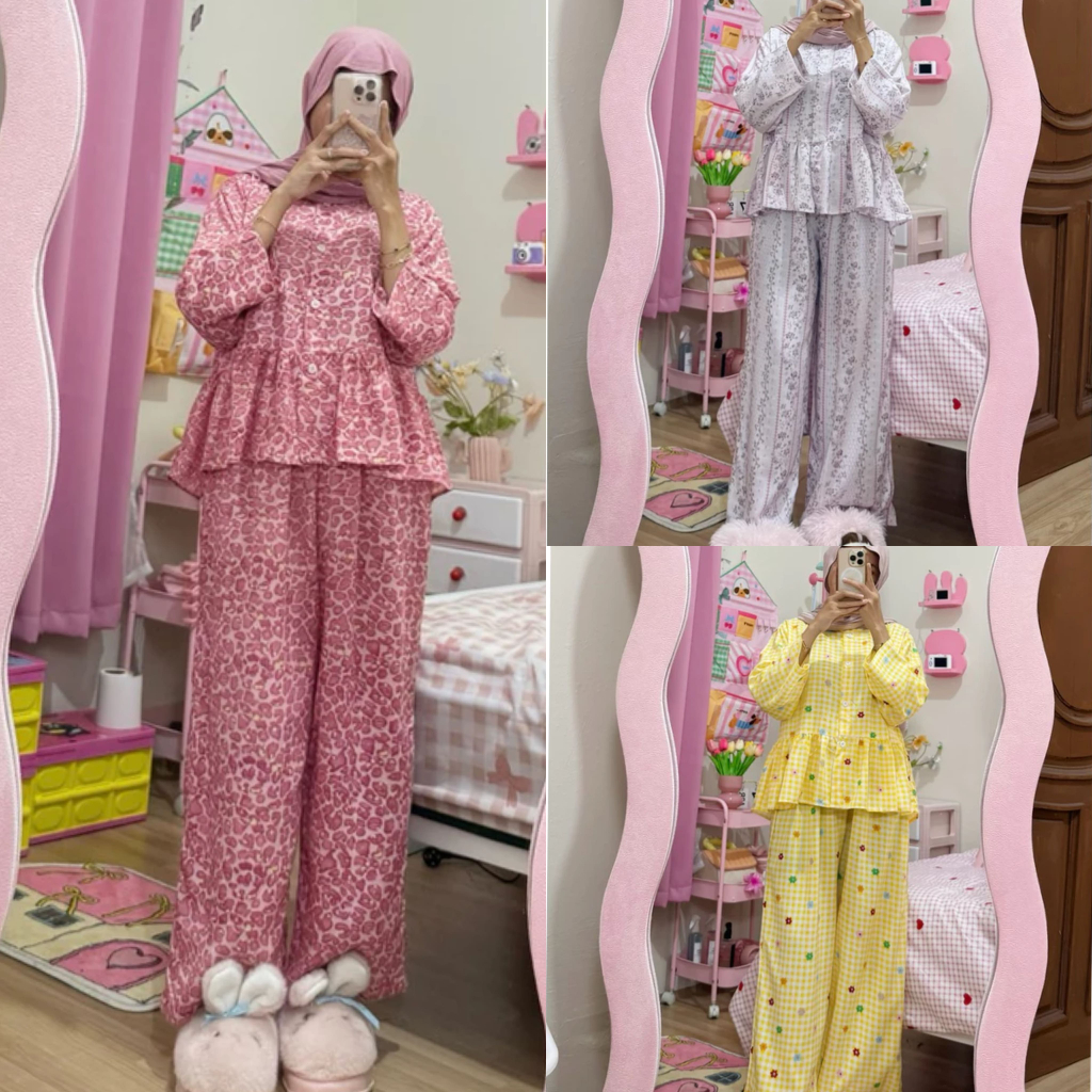 One set rayon korea style atasan semi crop top celana kulot baju tidur korea