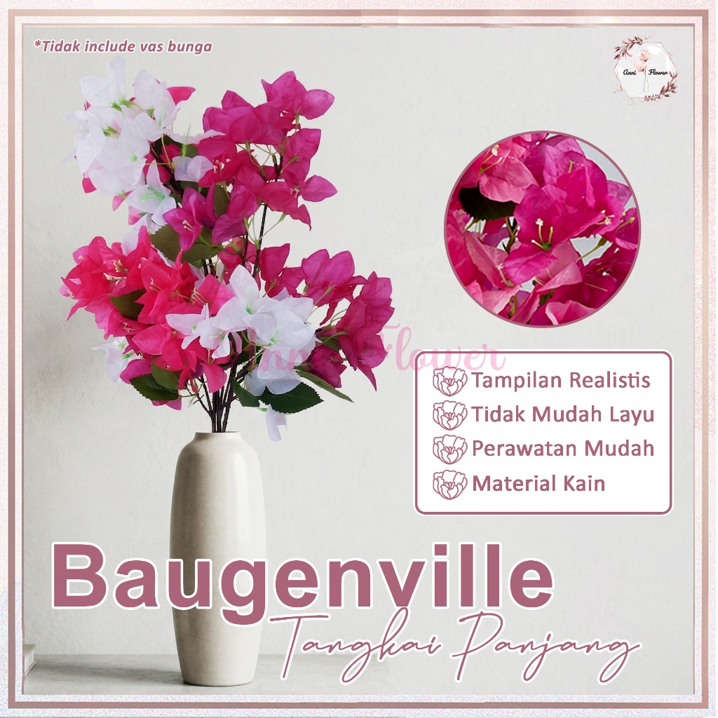 5 Cabang Bunga Bougenville Artificial Tangkai Panjang 70 cm 5 Warna Merah Putih Pink Ungu Fanta Mix 