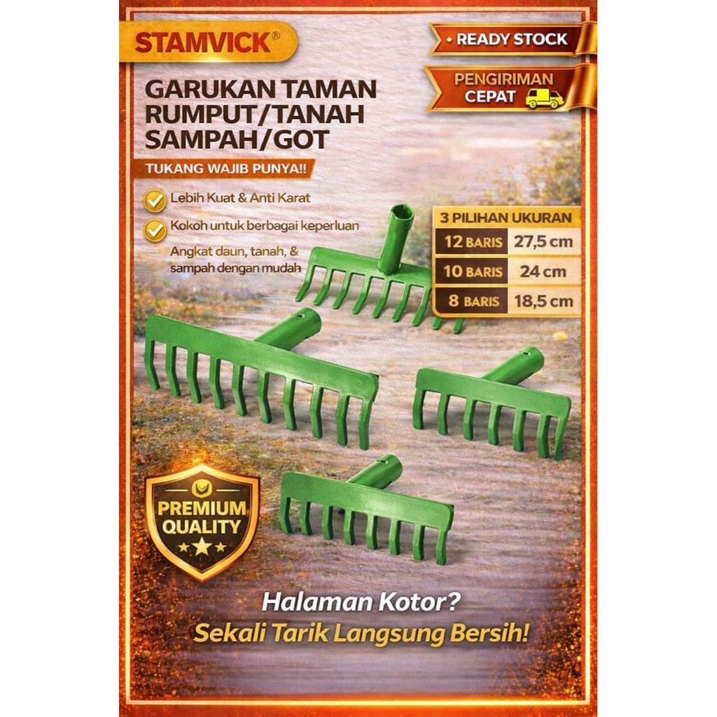 Garukan Sampah Besi / Sekop Garpu Taman Tanah Tanpa Gagang Ukuran 8 10 & 12 Baris