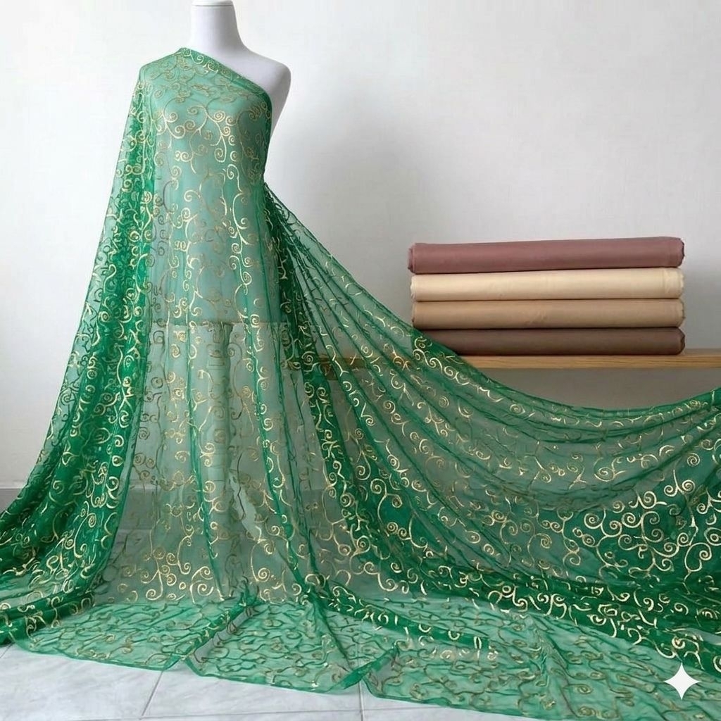 Kain Organza Premium Hijau Motif Gold Swirl Elegan – Bahan Gaun Dress Pesta Kebaya Vt