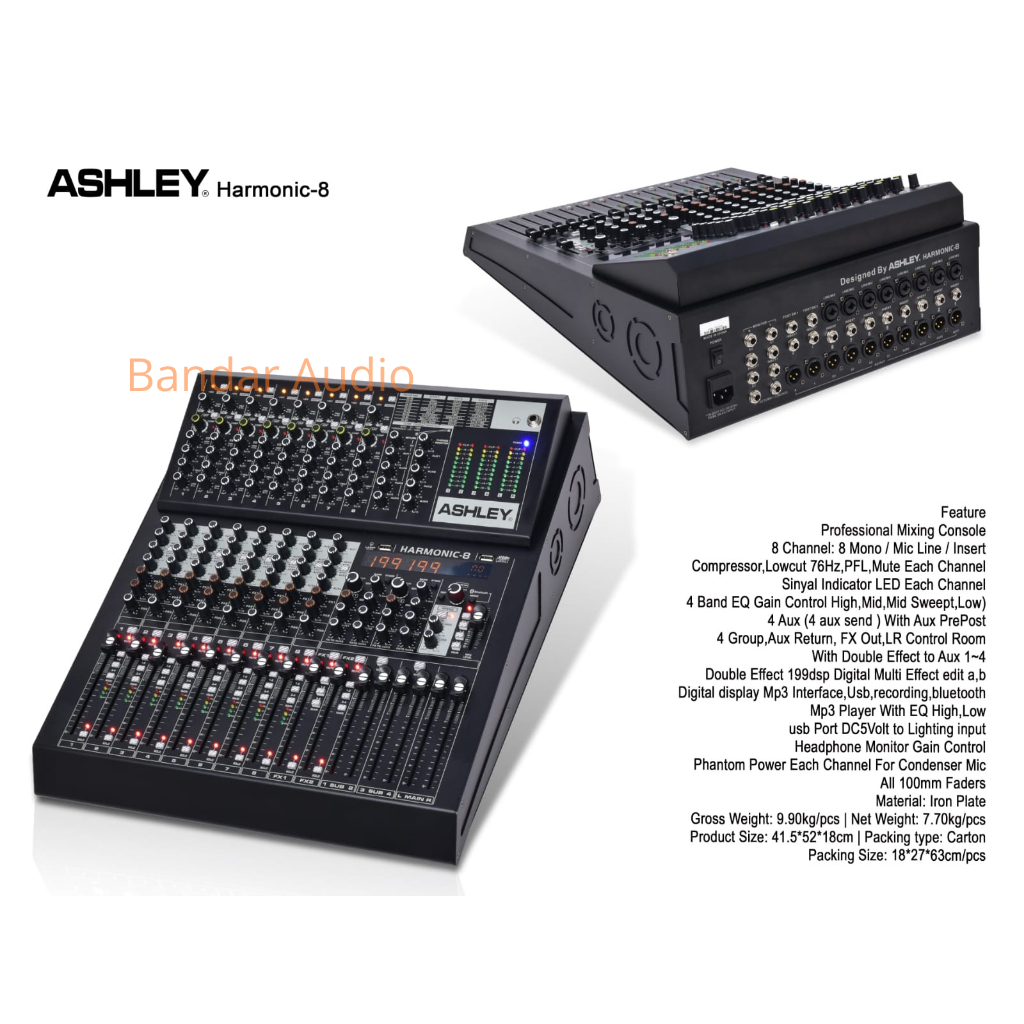 Ashley Harmonic-8 Mixer Audio Profesional 8 Channel Dengan 100mm Faders Dan LED Original