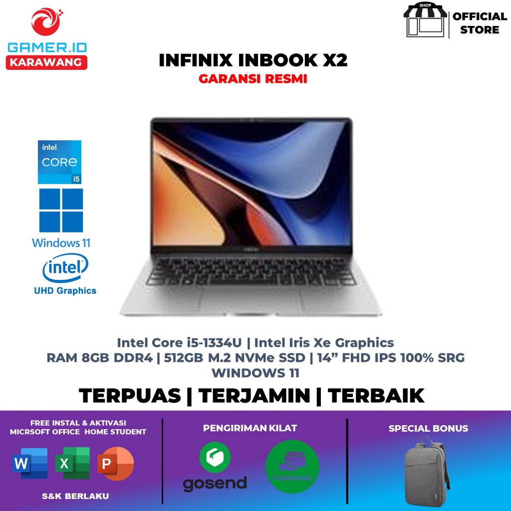 Laptop Infinix Inbook X2 2025 Intel Core i5 1334 Ram 16GB SSD 512GB Win11 Office 14 FHD IPS 100Srgb