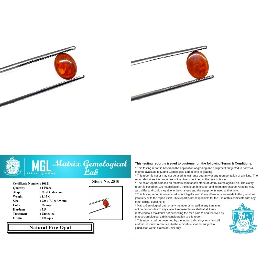 1.15 Ct. Natural Orange Fire Opal Ethiopia Gemstone Sertifikat Internasional