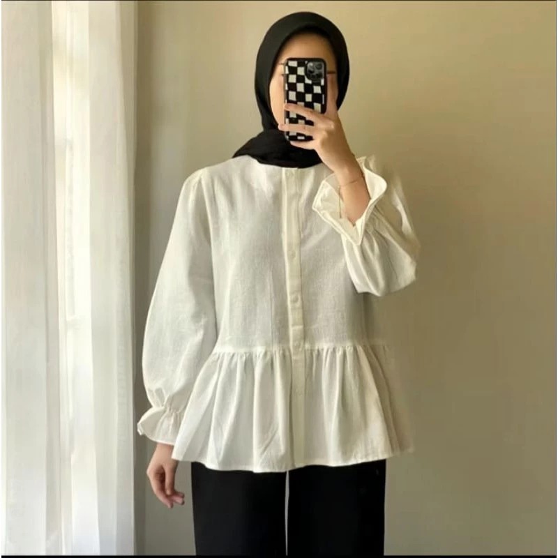 Kemeja Wanita Lolly Ruffle Oversize dengan Bahan Linen Premium