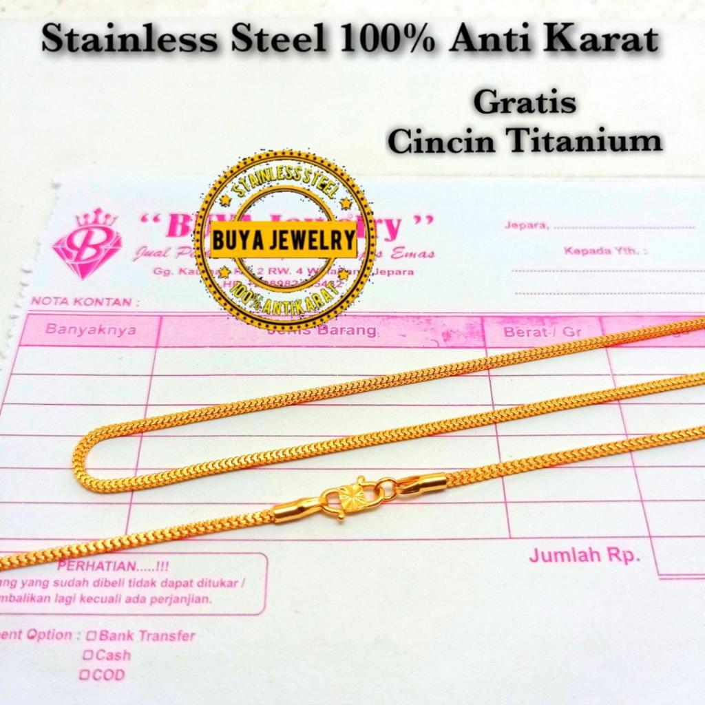 [Gratis Cincin] Kalung Titanium Milano Kaca 1mm Lapis Emas Gold Pengait S Cewek Cowok Pria Wanita