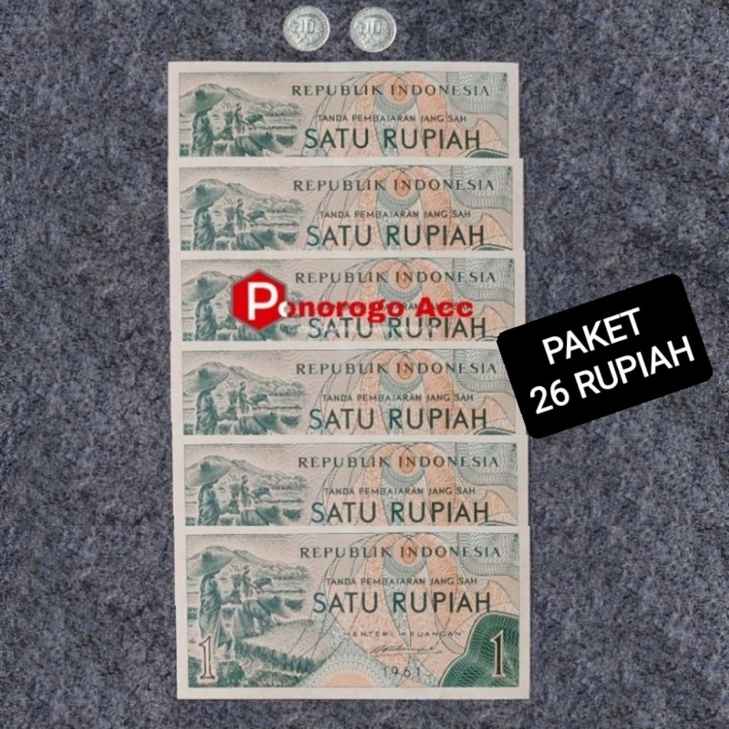 (BAGUS&BARU) Paket uang kuno 26 rupiah kertas koin asli Indonesia 1 rupiah kertas 10 rupiah koin kec