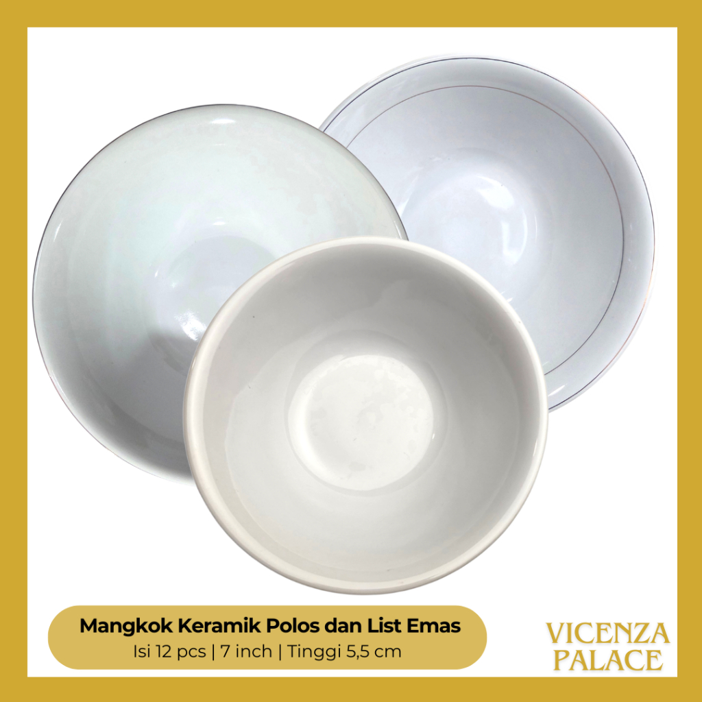 Mangkok Keramik Polos dan List Emas Lucky Ukuran 7 Inch (1 Lusin)