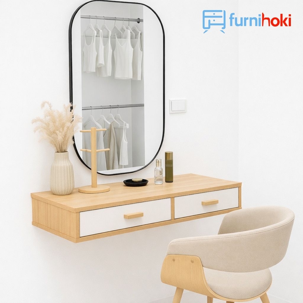 Meja Rias Gantung Minimalis 2 Laci Tempel Dinding Plywood Rel Double Track – FurniHoki