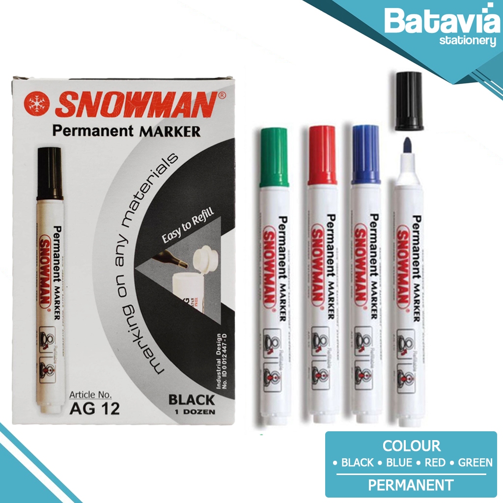 SPIDOL SNOWMAN AG-12 PERMANEN 1 LUSIN ( 12 PCS ) HITAM | BIRU | MERAH | HIJAU