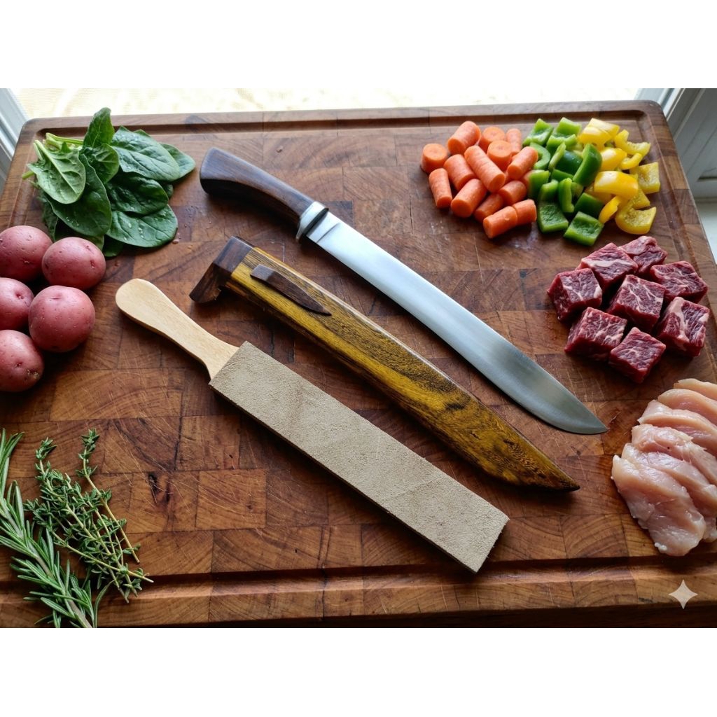 Bonus Stroping kulit, Pisau sembelih baja kikir kayu Johar Golsem bowie