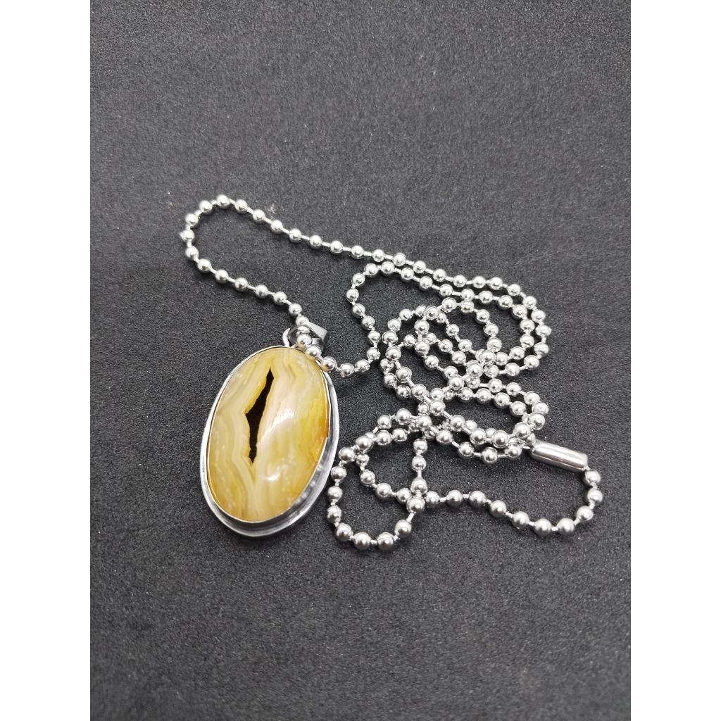 liontin batu sulaiman madu combong motif unik natural alam ring monel