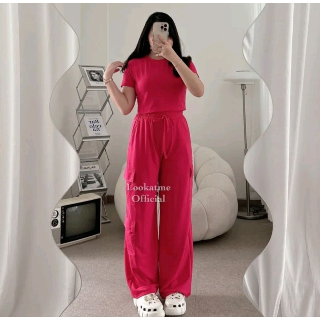 ONE SET WANITA CROP TOP DAN CELANA KULOT PINK FANTA (PR)