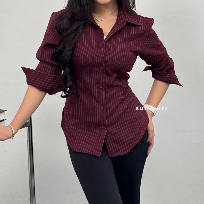 Kawisari - Aluna Shirt - Kemeja Fitted Wanita - Fitted Shirt Garis Stripe Karet - Atasan Lengan Panj