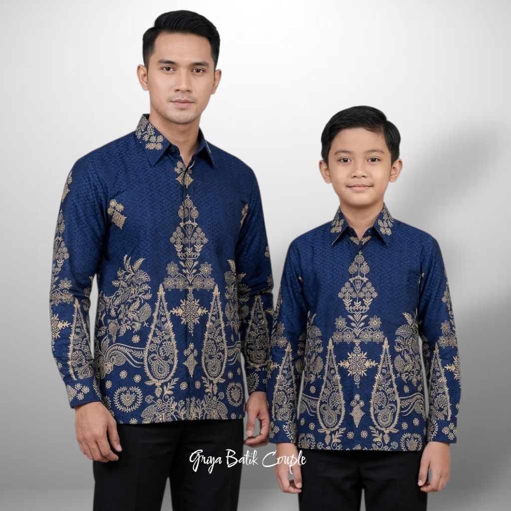 Kemeja Batik Biru Elektrik Couple Ayah Dan Anak Bahan Dobby Serat Lapis Furing Lengan Panjang Motif 