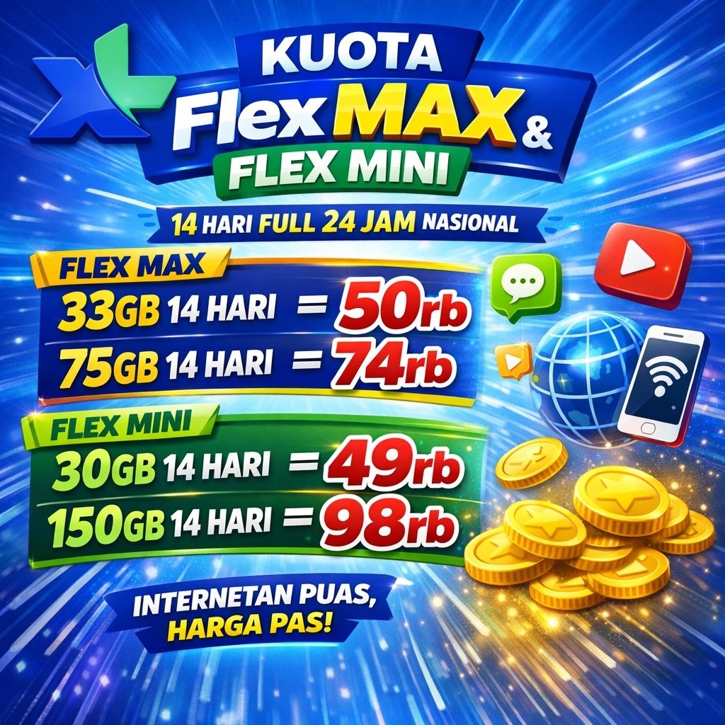 KUOTA XL  FLEX MAX 33GB 14HARI 75GB 14HARI FULL 24JAM