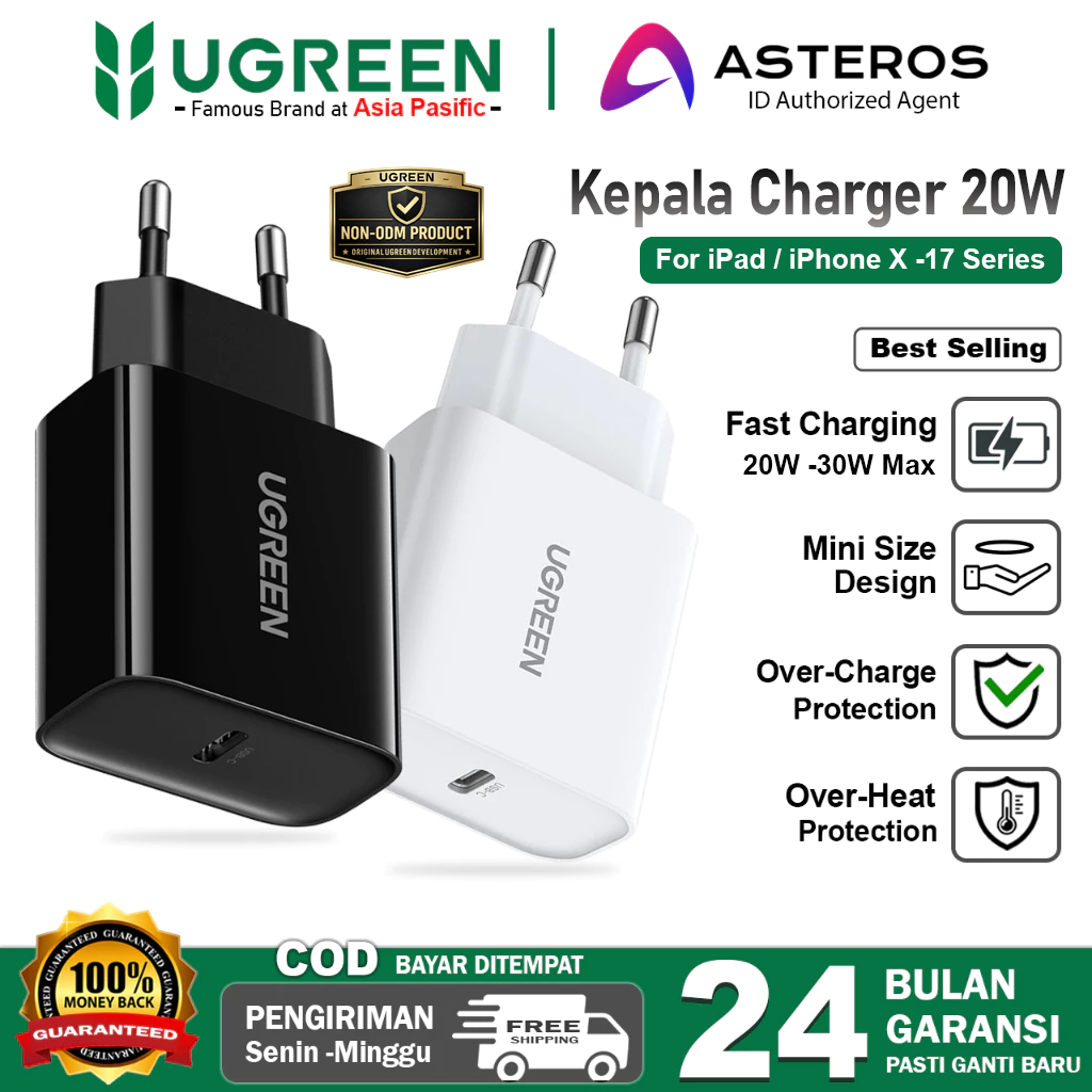 UGREEN Kepala Charger iPhone XR 11 12 13 14 15 16 17 PD Type C Fast Charging 20W 60450