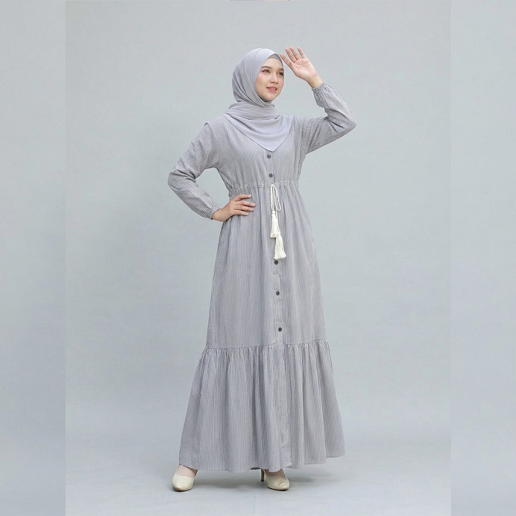 Orinaura Gamis Wanita Sefa Dress Kancing Aktif | Motif Garis Vertikal Slimming | Dress Katun Haruka 