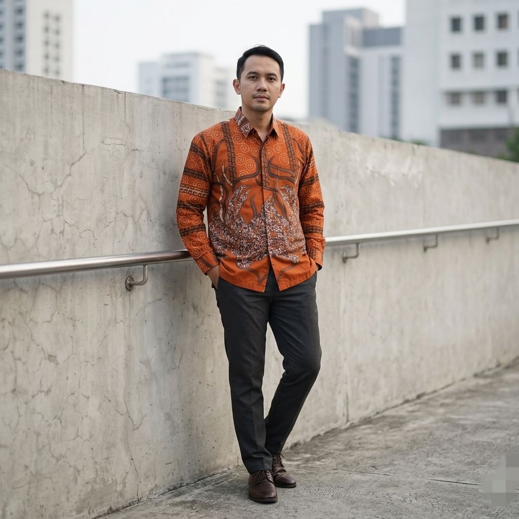 Batik Pria Lengan Panjang Modern Oren Candy Bahan Katun Potongan Reguler- Seragam Batik Pria Pesta D