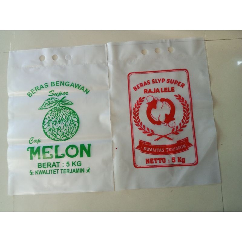 ecer (minimal order 10 lembar) plastik beras cap mangga, melon & raja lele uk.3kg&5kg