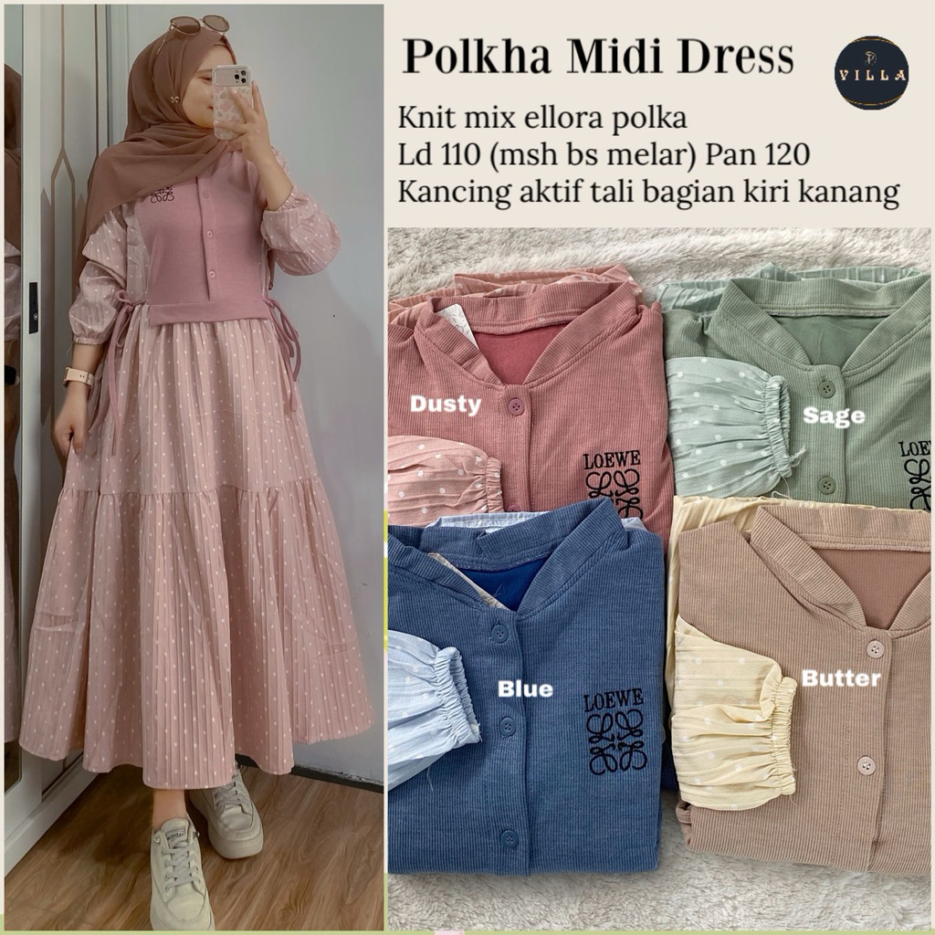 FLOWER POLKA MIDI KINANTA HAFSA DRESS ORIGINAL BY VILLA gamis maxy maxi rayon premium busui friendly
