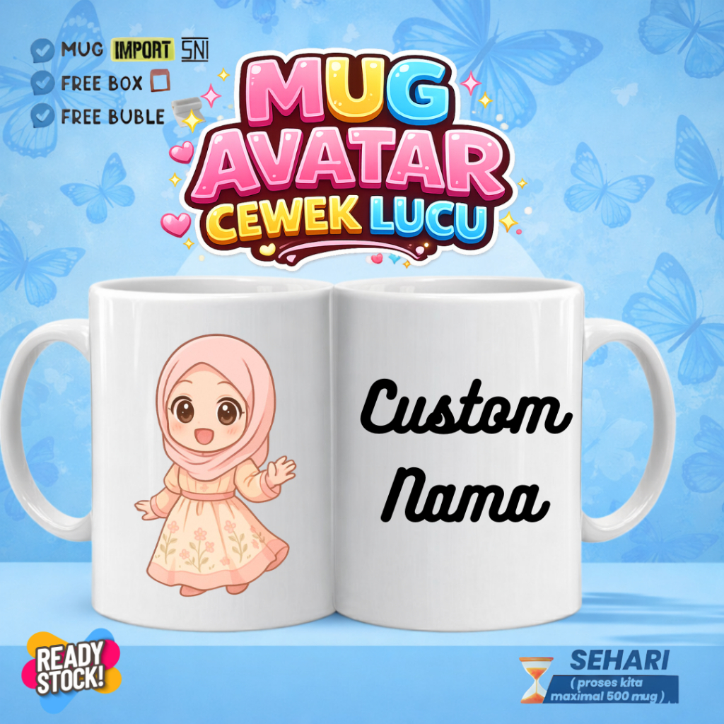 MUG GELAS AVATAR HIJAB LUCU CUSTOM NAMA / MUG CUSTOM / FOTO JADI AVATAR / MUG CUSTOM MURAH / FREE DE