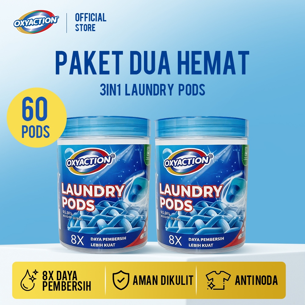 [DUA HEMAT] OXYACTION  Laundry Pods 60 pcs Wangi Tahan Lama Deterjen Gel Anti Noda & Bau 3X Kekuatan