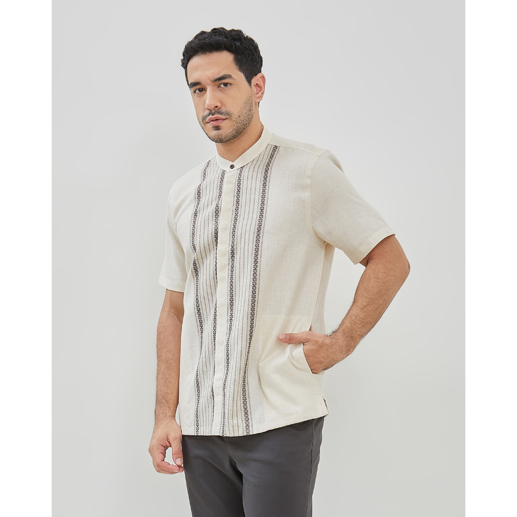 VALINO Kemeja Koko Motif Bordir Cream Pria - V-ECEB10-P5