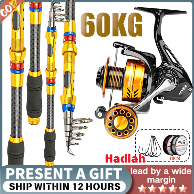 DAIWA Set Joran Pancing Mini Pendek Lipat Jauh Karbon Kuat Praktis Set Alat Pancing Teleskopik