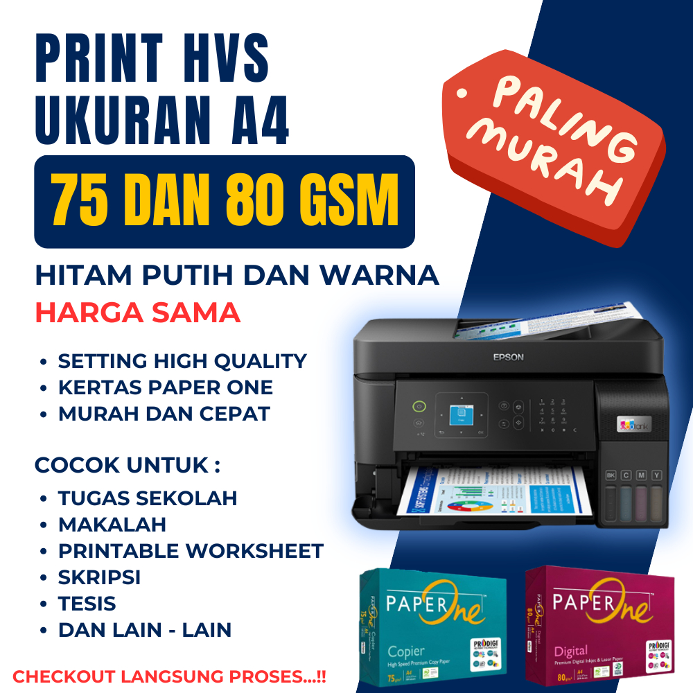 Print/Cetak Warna HVS A4 75 dan 80 GSM Jasa Cetak Makalah/Tugas/Skripsi/Dll 50 Halaman