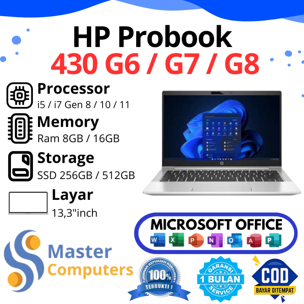 HP Probook 430 G6 / G7 G8 i5 / i7 Gen 8 / 10 / 11 RAM 8GB / 16GB SSD 128GB / 256GB / 512GB 13,3 Inch