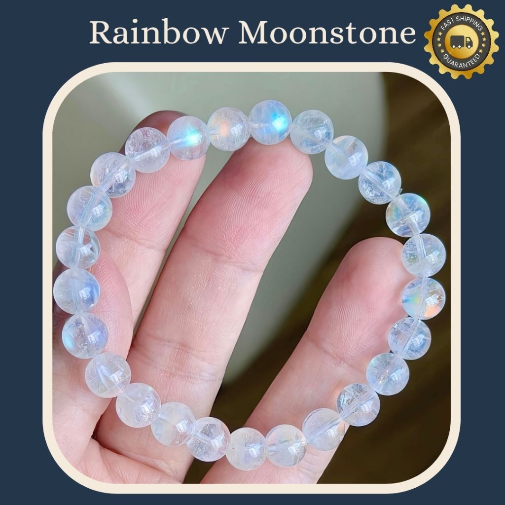 Gelang Batu Alam Rainbow Moonstone Premium Asli 8mm Bersertifikat
