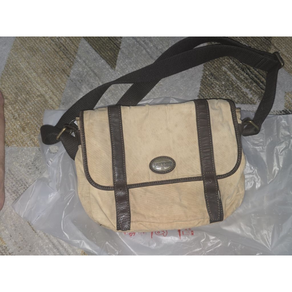 (preloved) tas asli fossil messenger bag kulit + kanvas