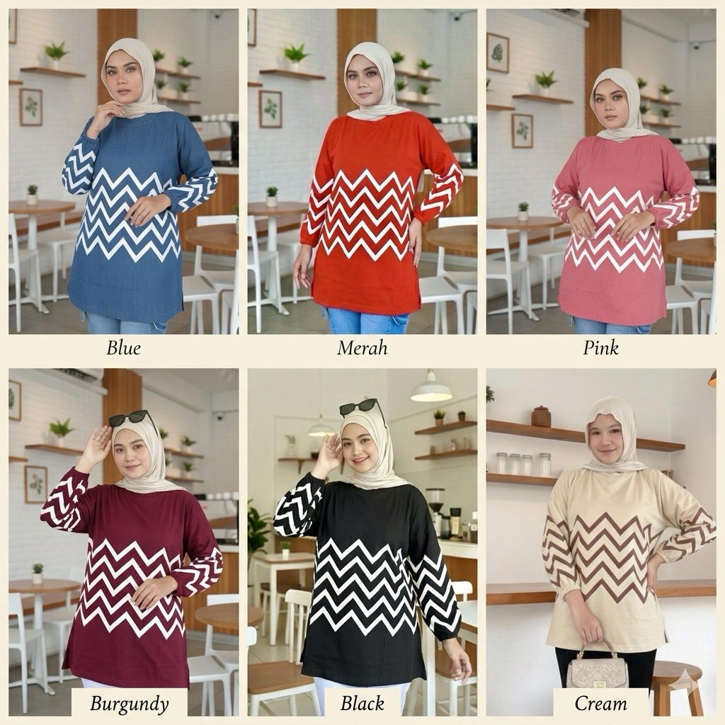 atasan motif zigzag jumbo kaos oversize lengan balon