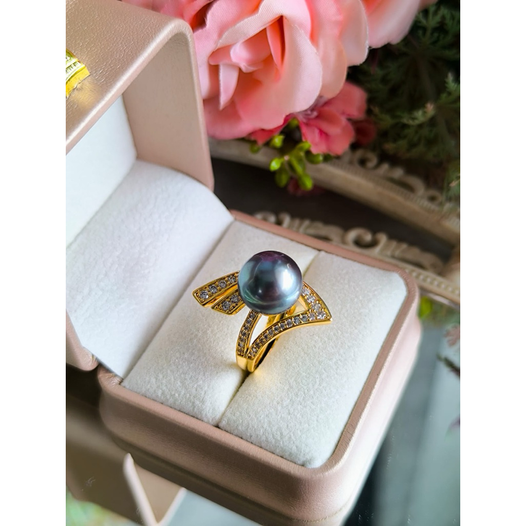 Cincin Rhodium all size Mutiara air tawar Hitam Super(bulat spt Mutiara laut)