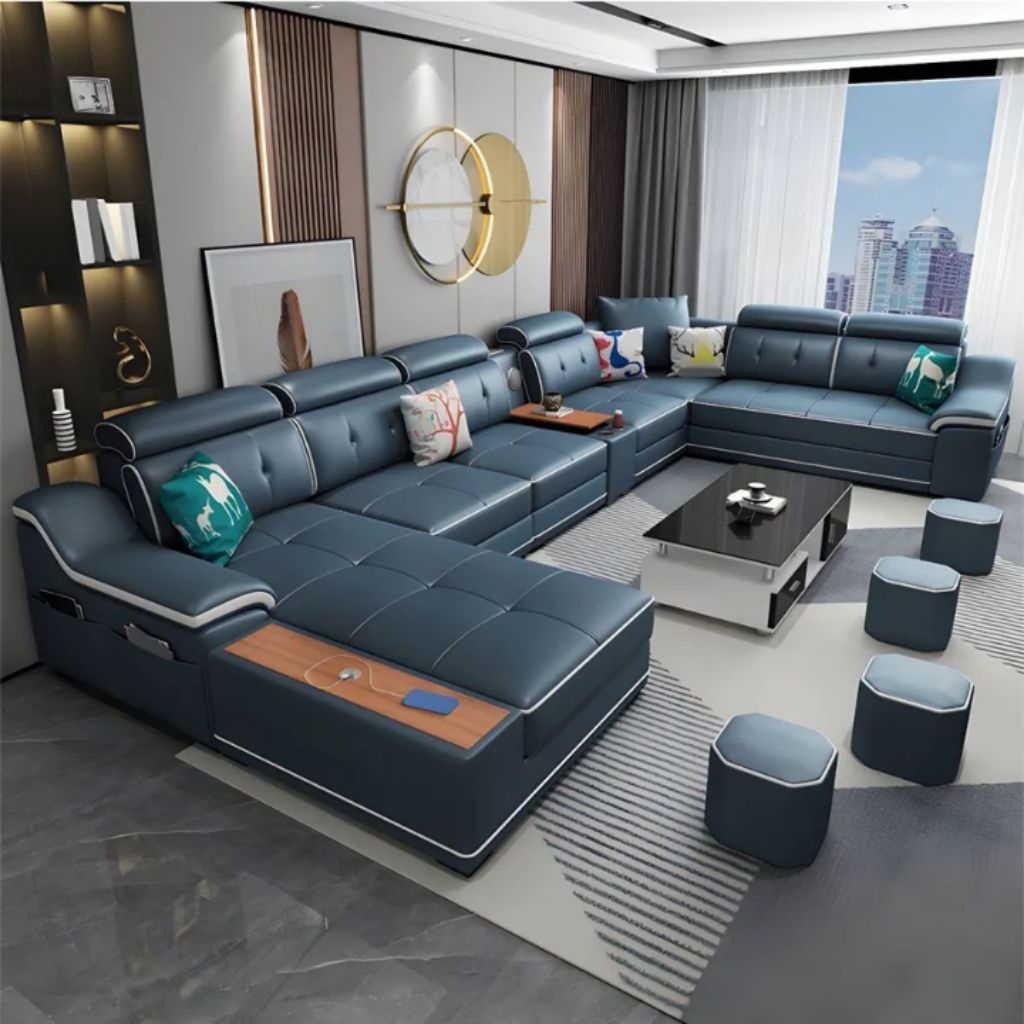 Furnitur Sofa Rumah Mewah, Set Sofa Bentuk U, Ruang Tamu, Sofa Kulit asli Modern