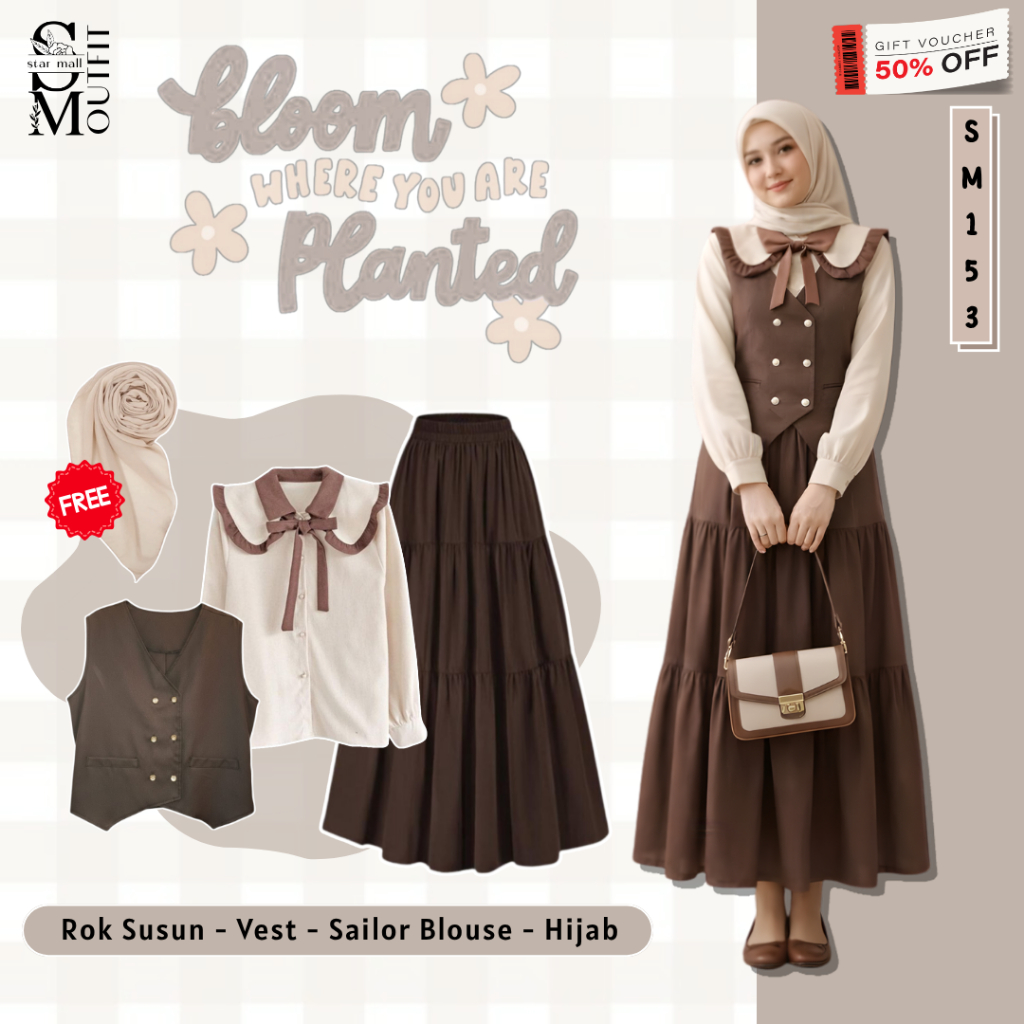 3in1 Set Outfit Yearbook Enola Holmes [ Vest + Sailor Blouse + Rok Susun + Free Hijab ] SM153