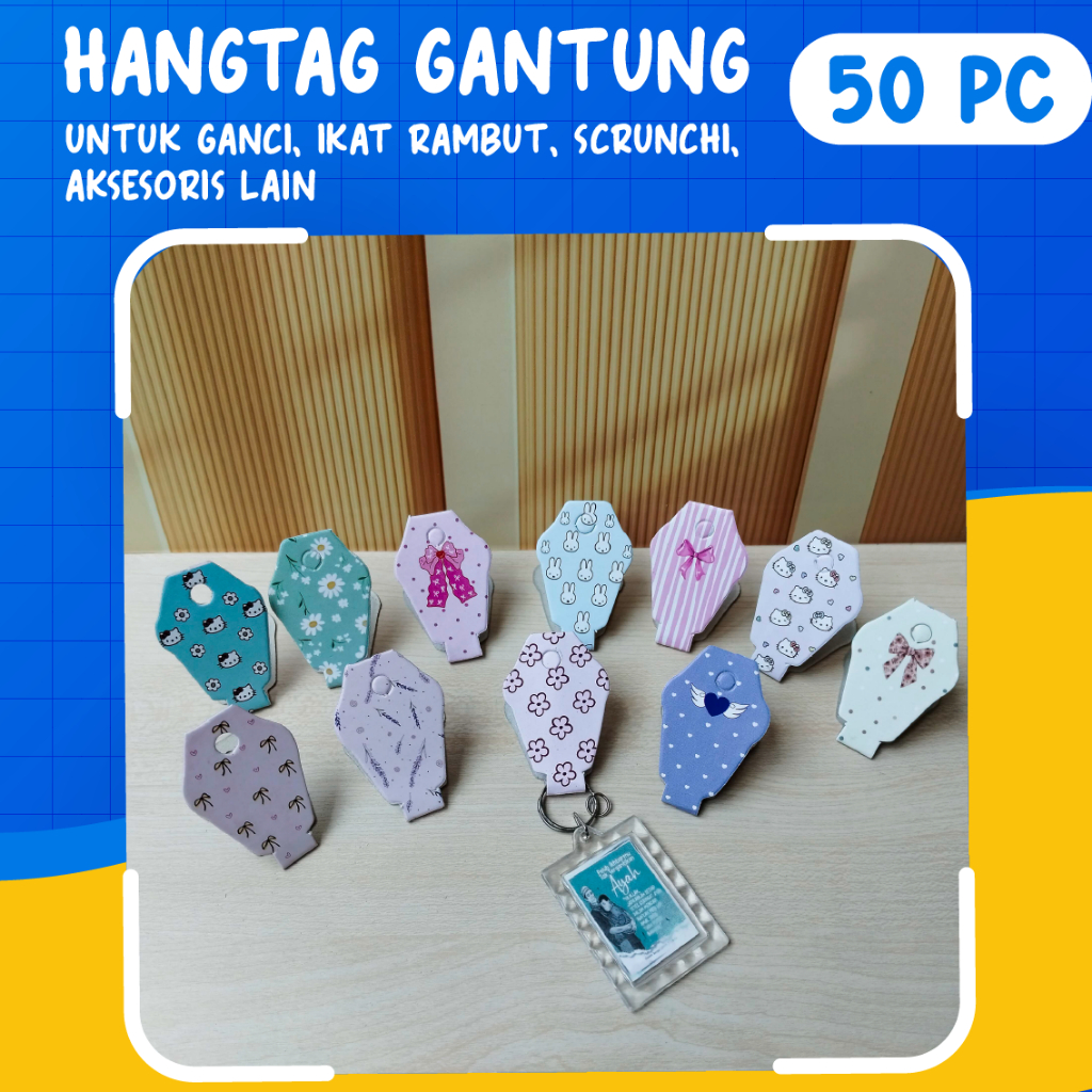 50 pcs Hangtag ganci hang tag gantung gantungan kunci ikat rambut scrunchie label display aksesoris