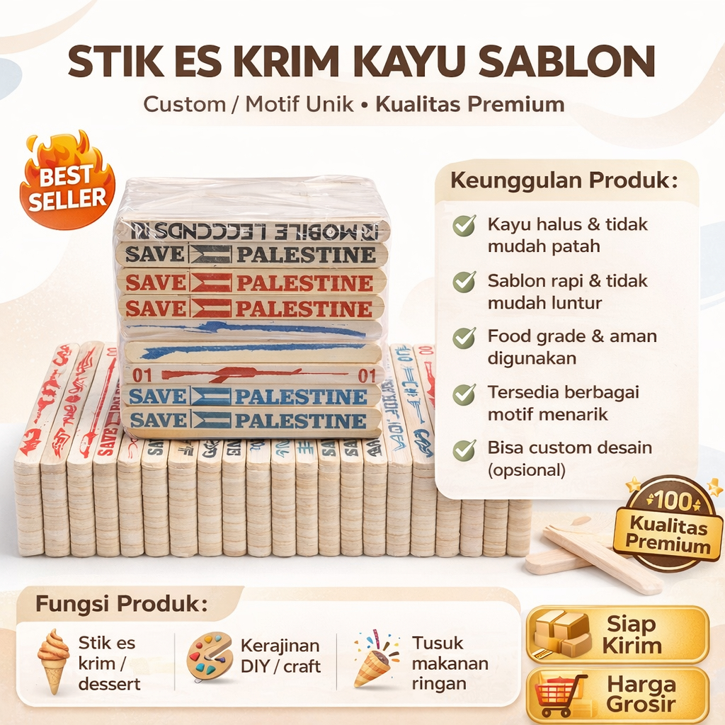 Stik Es Krim Kayu Sablon Isi 500 pcs/Stik Kayu Tebal Pinus