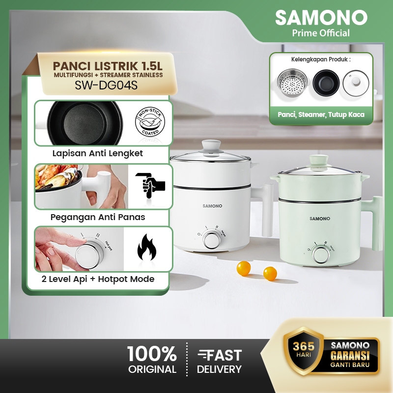 SAMONO Panci Listrik 1.5 Liter Multifungsi 150 Watt Stainless Steamer 3 Mode Daya Dengan Pengukus Tu