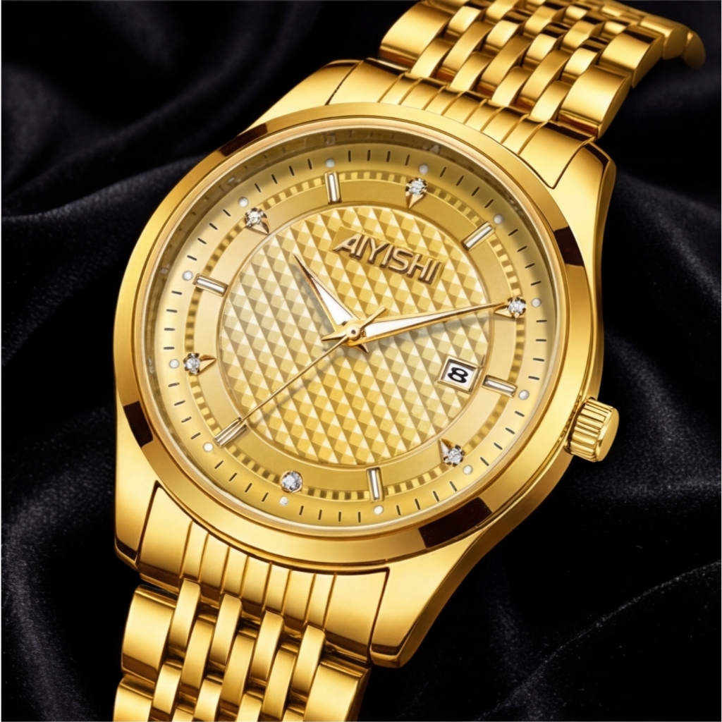 Jam Tangan Pria AIYISHI Emas Mewah Motif Kotak-Kotak, Jam Tangan Bisnis Quartz Anti Air, Kado Pria E