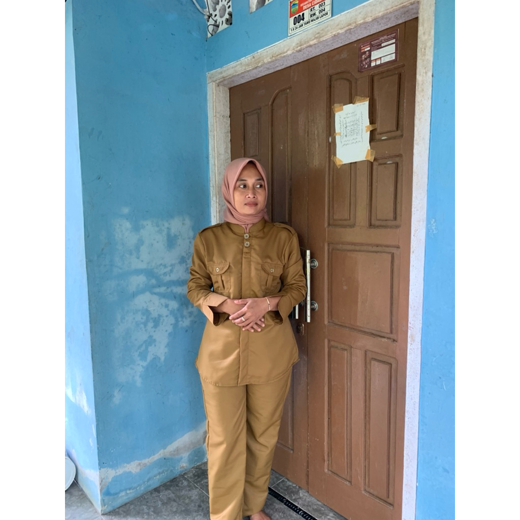 |Seragam Khaki Wanita Setelan PDH PNS Baju Pemda Model Saku Dada Kerah Shanghai Setelan Rok Span Rok
