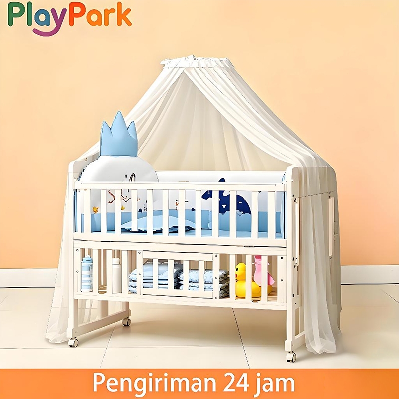 PlayPark Box Bayi Tempat Tidur Bayi Kayu 0-12 Tahun Box Bayi Multifungsi - GRATIS Kelambu & 5pcs Bed