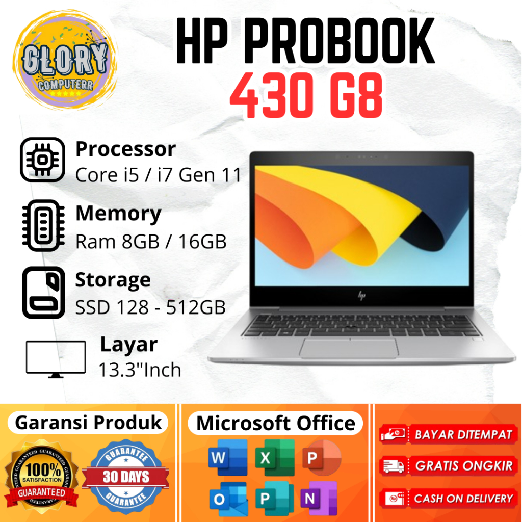 HP Probook 430 G8 Core i5 / i7 Gen 11 Ram 8GB / 16GB SSD 128GB / 256GB / 512GB, Layar 13.3"Inch