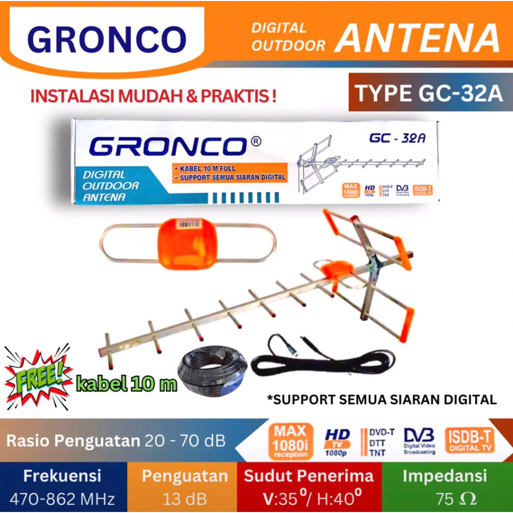 GRONCO ANTENA TV DIGITAL OUTDOOR / ANTENA TV LUAR + FREE KABEL ANTENA TV 10 M