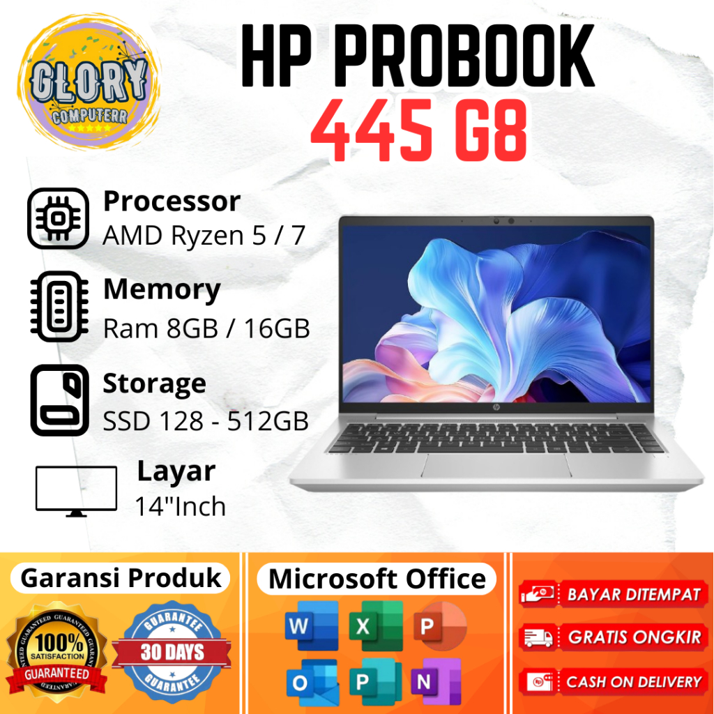 HP Probook 445 G8 AMD Ryzen 5 / 7 Ram 8GB / 16GB SSD 128GB / 256GB / 512GB Layar 14"Inch ( Garansi )