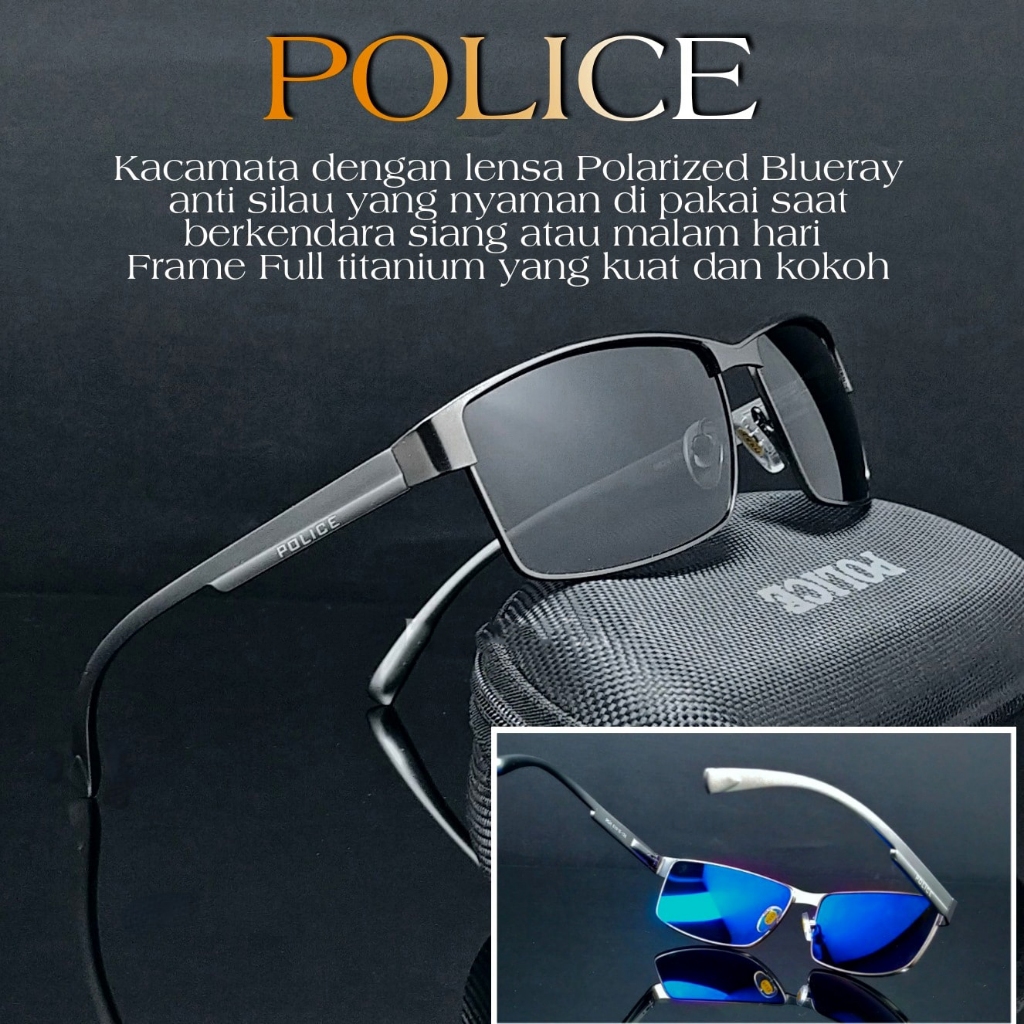 Kacamata Polarized Titanium Police Sporty Sunglasses Anti Radiasi Anti Silau Metal Frame Kokoh Akses
