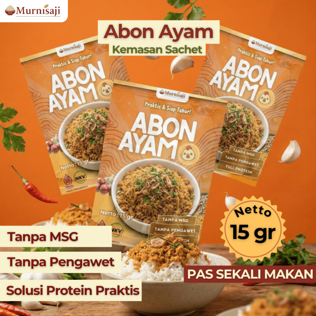 Murnisaji Abon Ayam Sachet 15gr - 100% Daging Ayam Asli Tanpa MSG Lauk Praktis Siap Saji