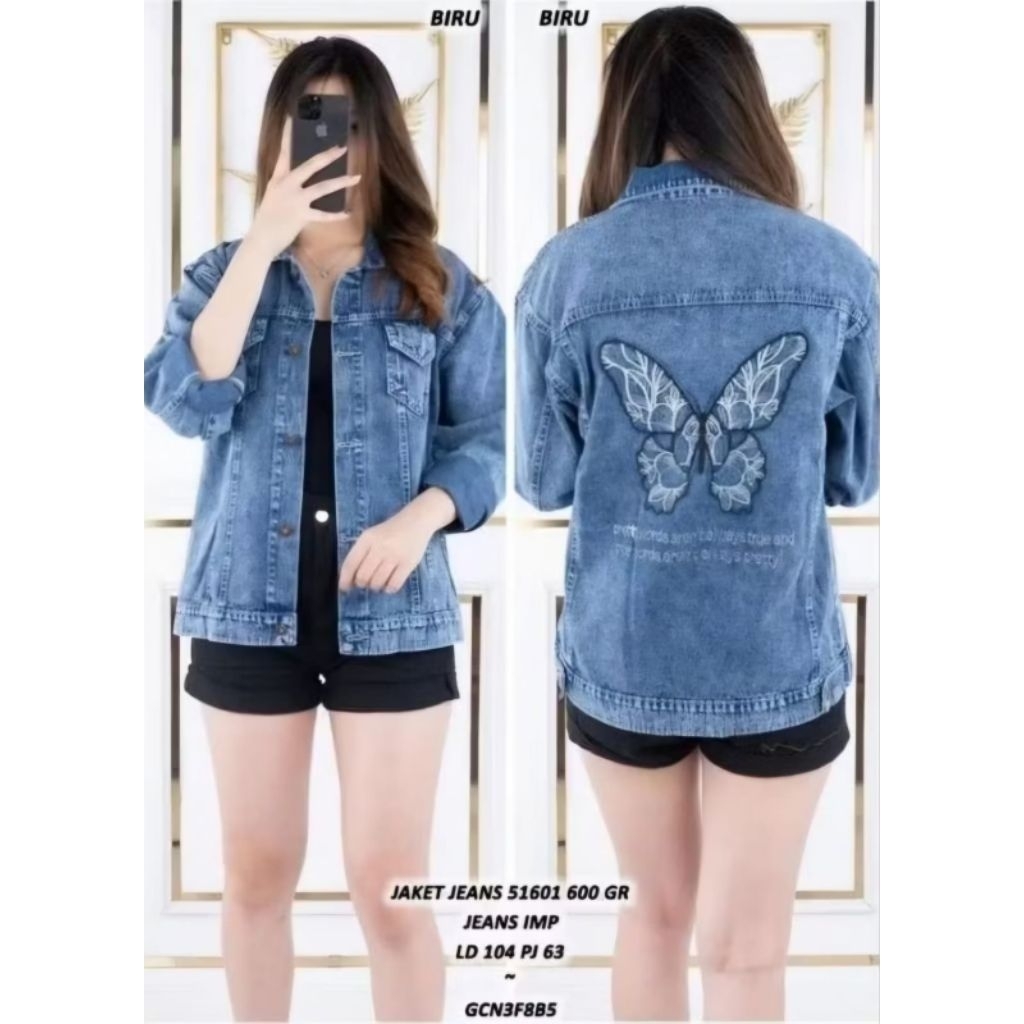 Jacket Jeans Wanita Bahan Denim Bordir Jumbo XL Kancing Hidup Saku Dada Lengan Panjang untuk Cewek O