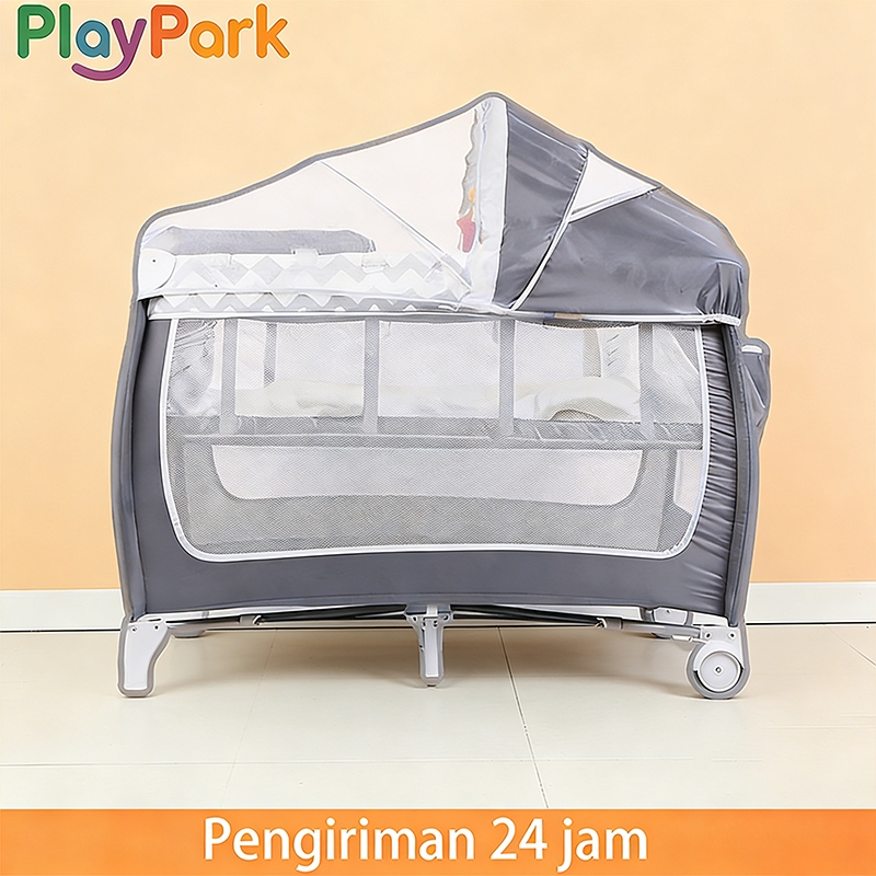PlayPark Box Bayi Tempat Tidur Bayi 6in1 Bisa Dilipat, Portabel dengan Roda + Bonus Kelambu & Hadiah